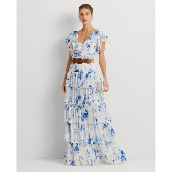 Floral Belted Georgette Tiered Gown image.