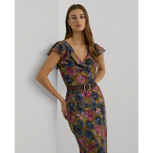 Gebloemde jacquard jurk met watervalhals