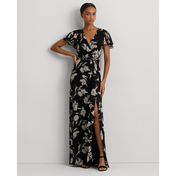 Floral Belted Flutter-Sleeve Gown