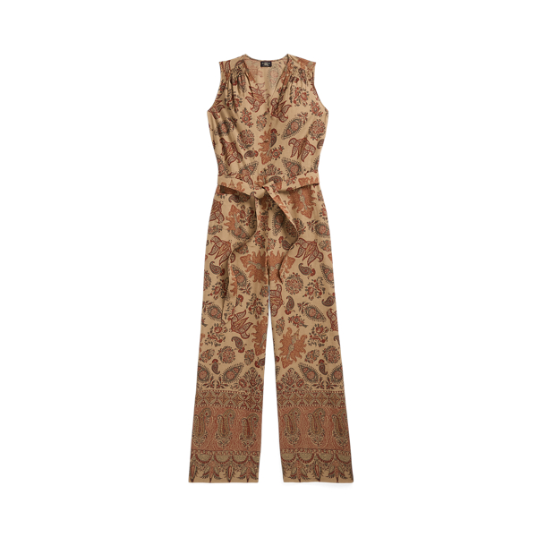 Long Sleeve Paisley Jumpsuit - Camel