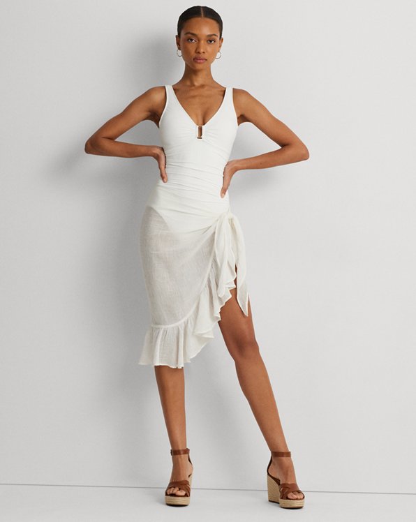 Ruffle-Trim Cotton-Linen Wrap Skirt