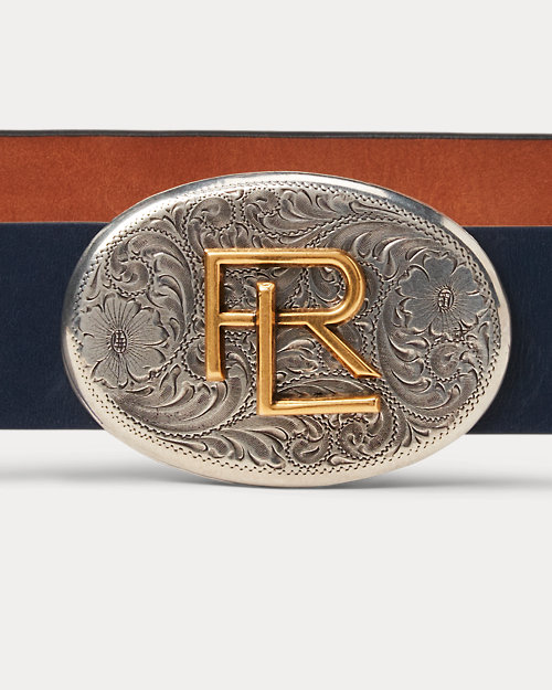 RL Tooled-Buckle Box Leather Wide Belt