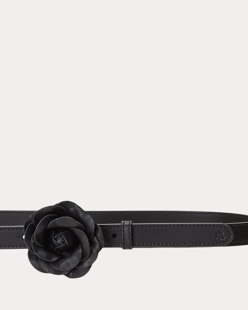 Leather Floral-Buckle Skinny Belt