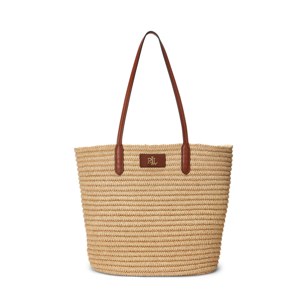 Leather-Trim Straw Large Brie Tote Bag