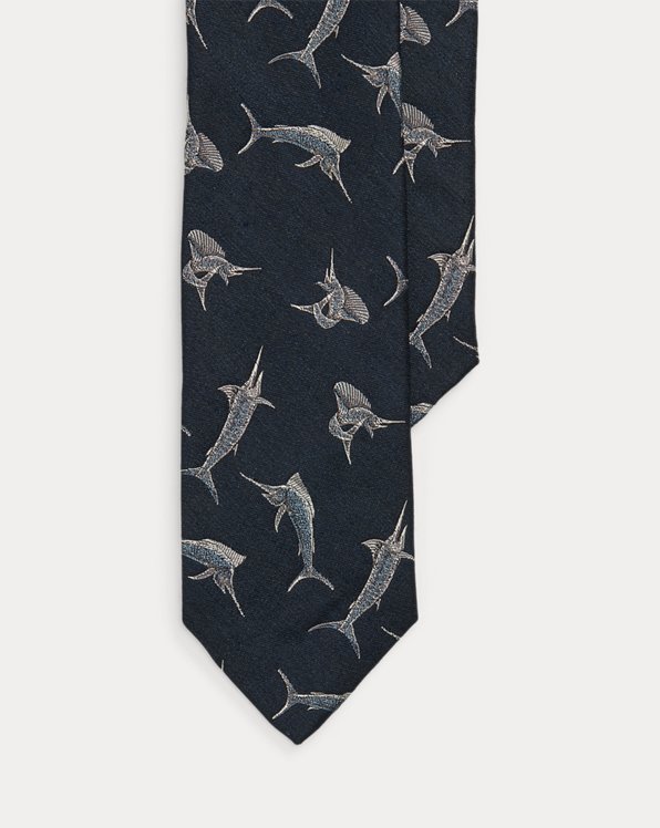 Marlin-Print Silk-Linen Serge Tie 