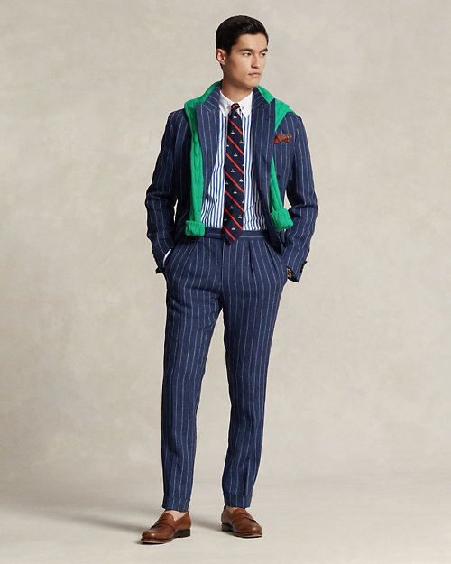Pleated Striped Linen Suit Trouser