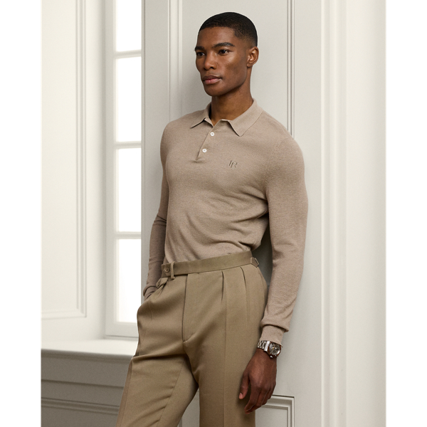 Dark Oatmeal Melange Textured Silk-Cotton Polo-Collar Sweater Purple Label 1